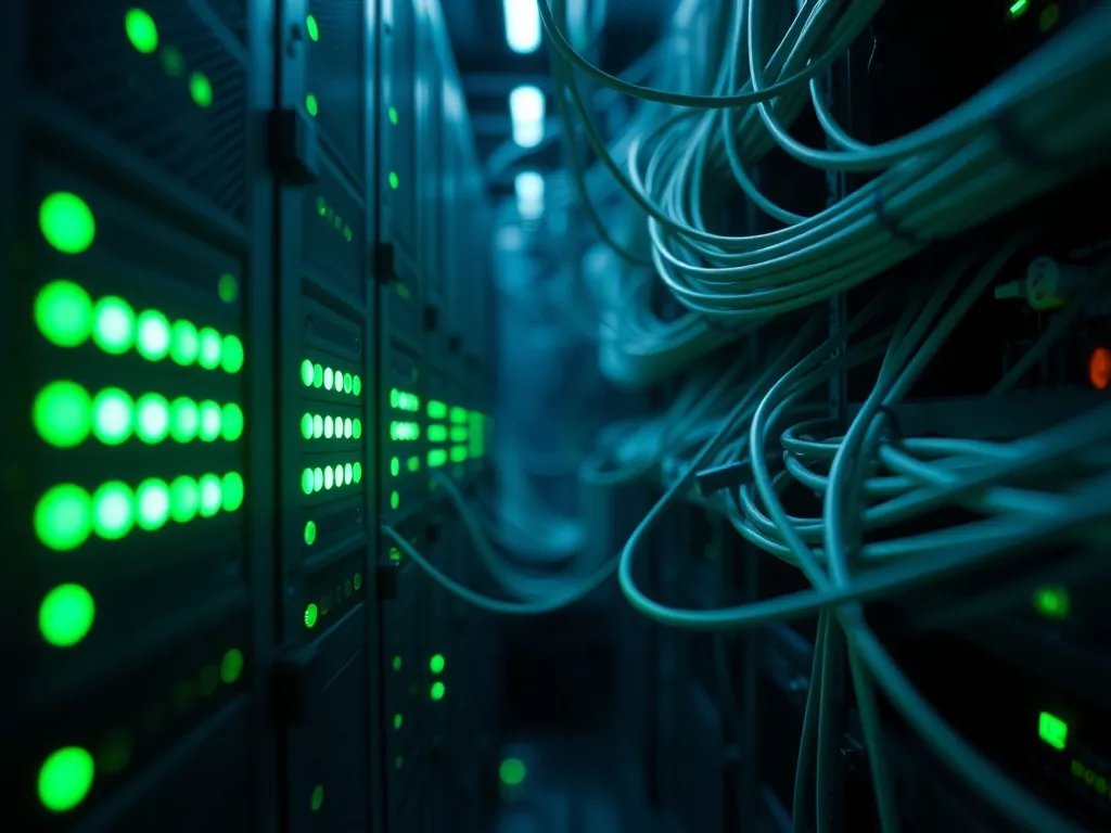 Professional macro shot of a server rack with green glowing